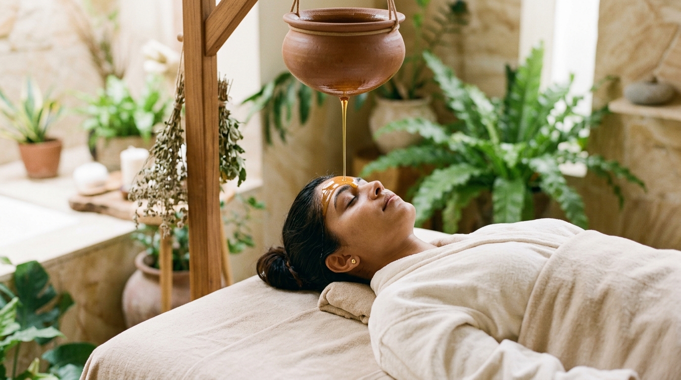 Ayurveda scalp oil treatment Shirodhara representing natural therapy