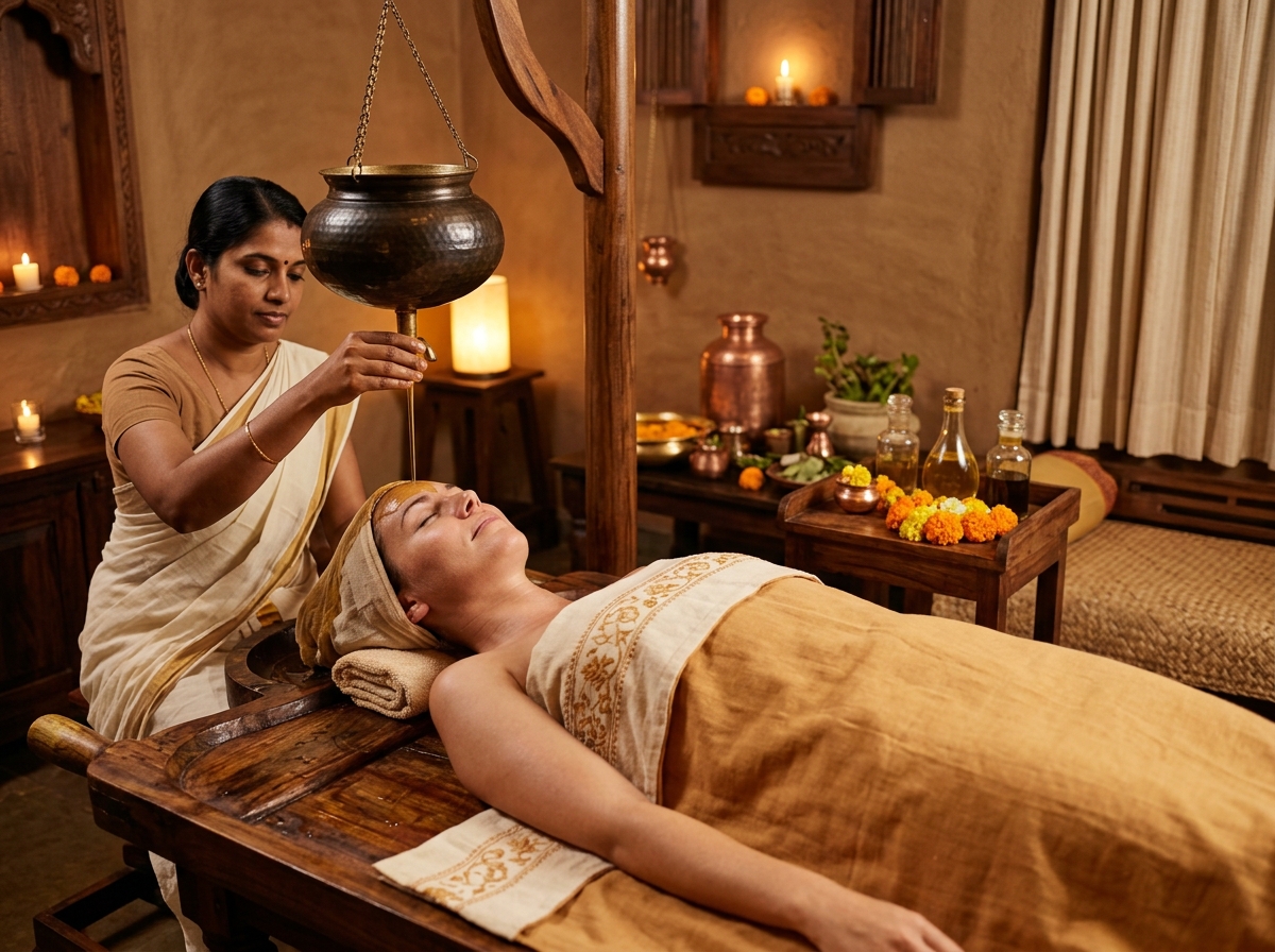 Patient receiving relaxing Shirodhara warm oil therapy for hair follicle restoration
