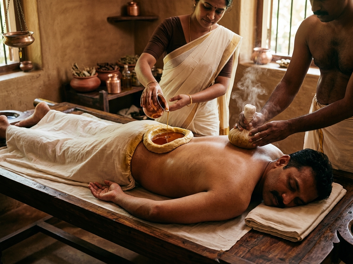 Patient undergoing deep Swedana Kati Vasti warm oil pool therapy for metabolic detoxification