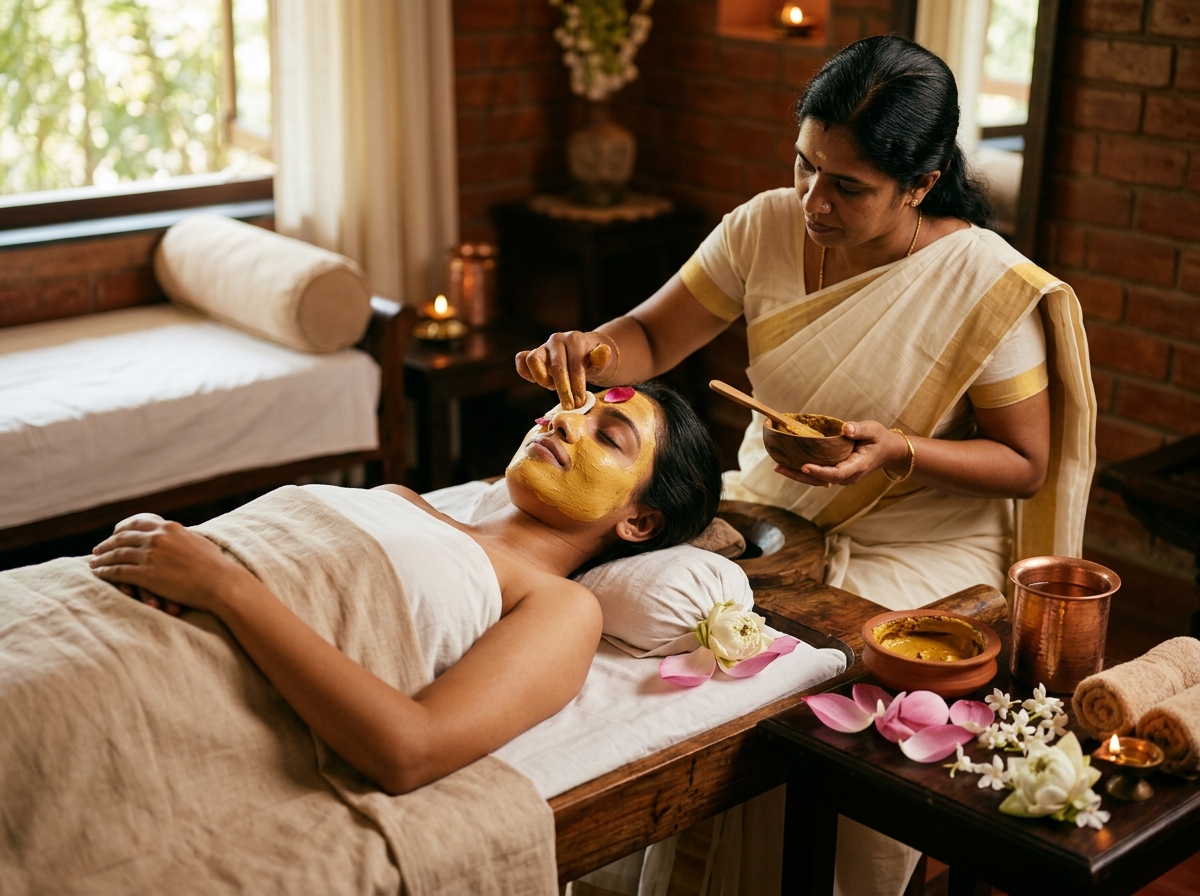 Patient undergoing soothing Mukha Lepanam natural turmeric and sandalwood facial pack therapy