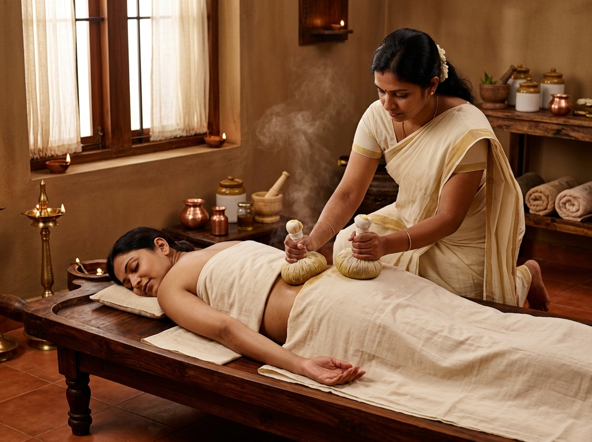 Patient receiving soothing Kizhi herbal poultice steam compress massage for endocrine balance